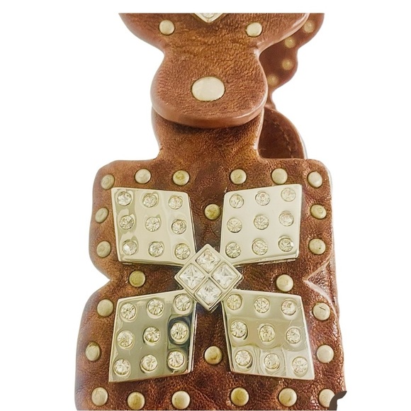 Charm & Luck Brown Textured Leather Embellished Silver & Rhinestone Hobo Bag - Picture 4 of 9